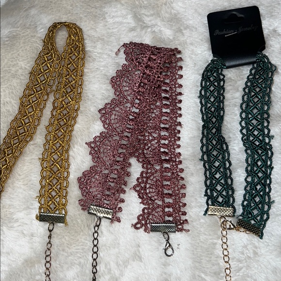 Fashion Jewelry Jewelry - NWT BUNDLE OF 3 💋 CROCHETED LACE CHOKERS WITH EXTENDERS ROSE/GOLD/GREEN OS